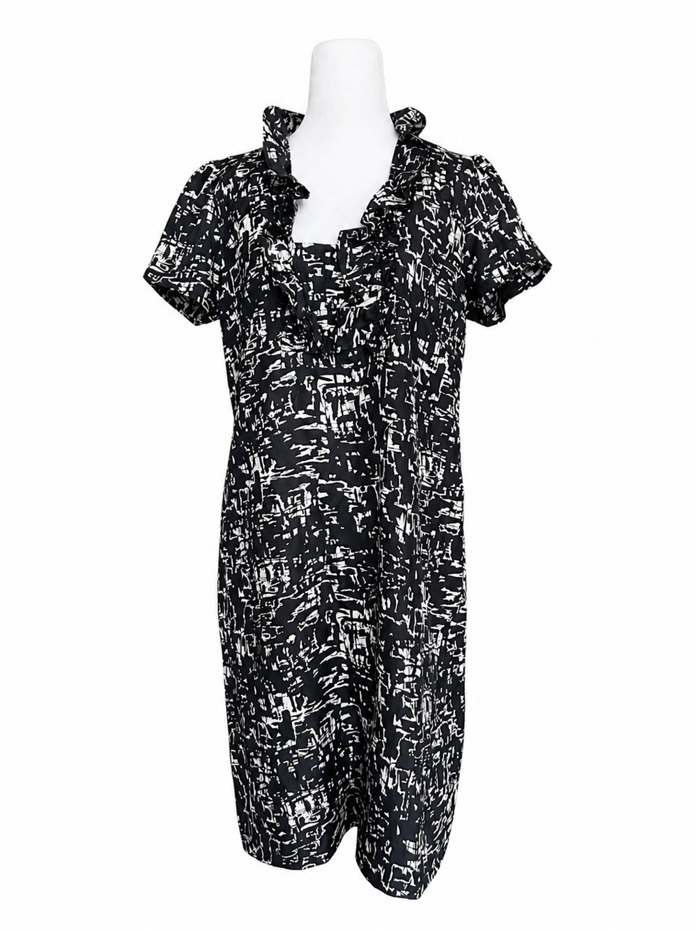 J. Crew 100% Silk‎ Abstract Print Ruffle Dress Size 8 Black White Shift